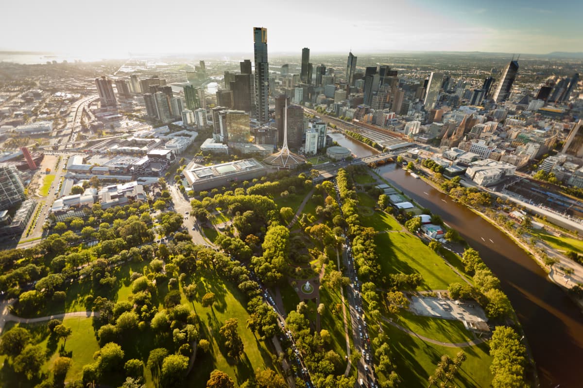 Aerial view of Melbourne Australia at sunset with landmarks