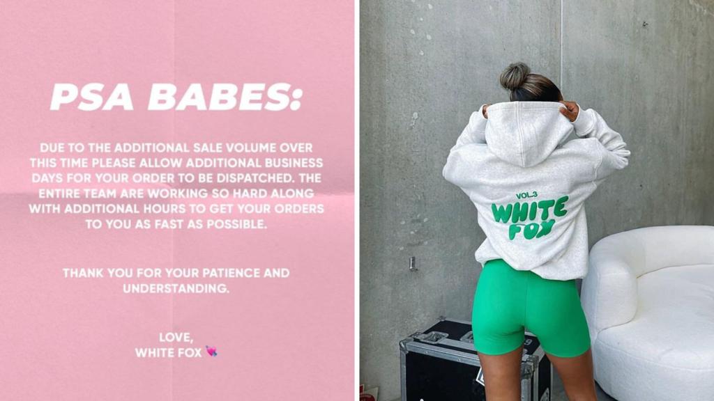 Model posing in active wear and White Fox hoodie.